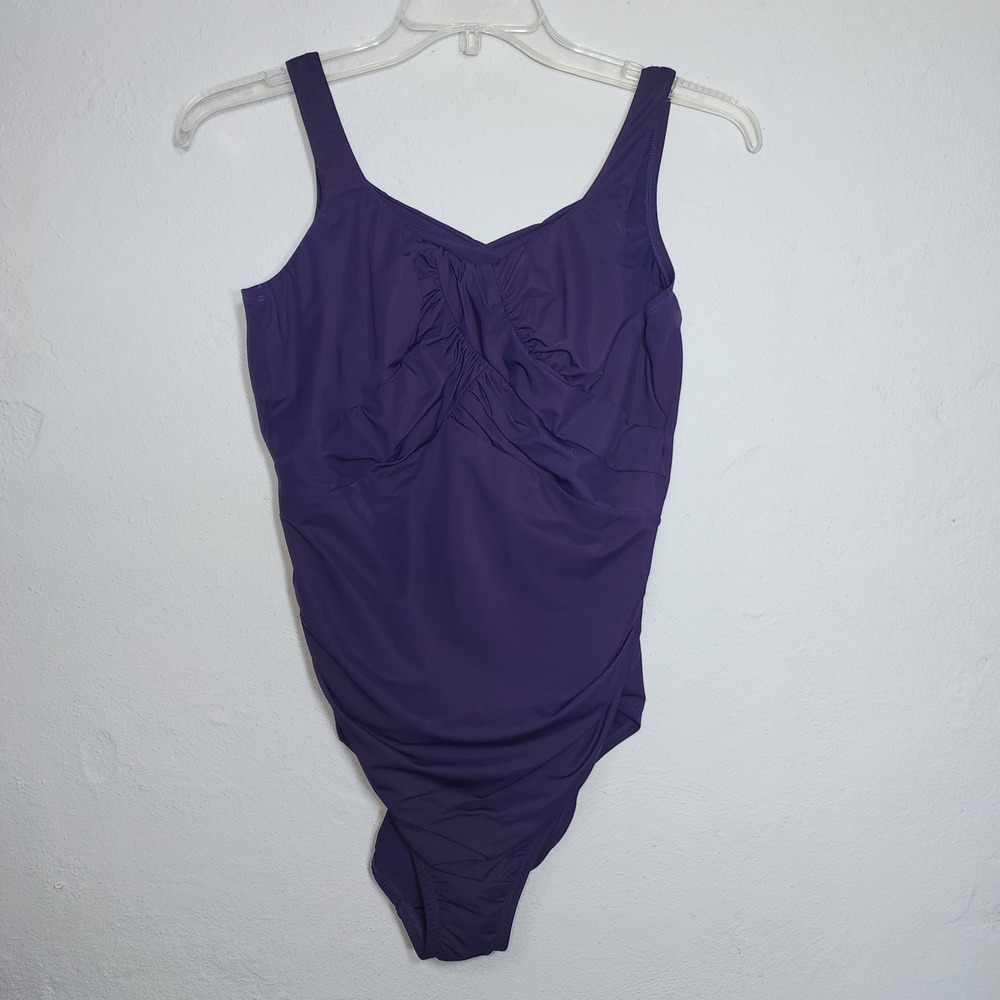 Lands End One Piece Swimsuit Womens 14 DD Purple Excellent Ruched V-Neck 477716